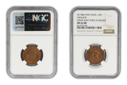 1929 India Gwalior Princely State 1/4 Anna Coin NGC MS63 RB