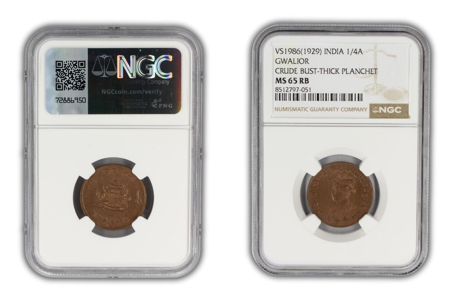 1929 India Gwalior Princely State 1/4 Anna Coin NGC MS65 RB