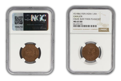 1929 India Gwalior Princely State 1/4 Anna Coin NGC MS65 RB