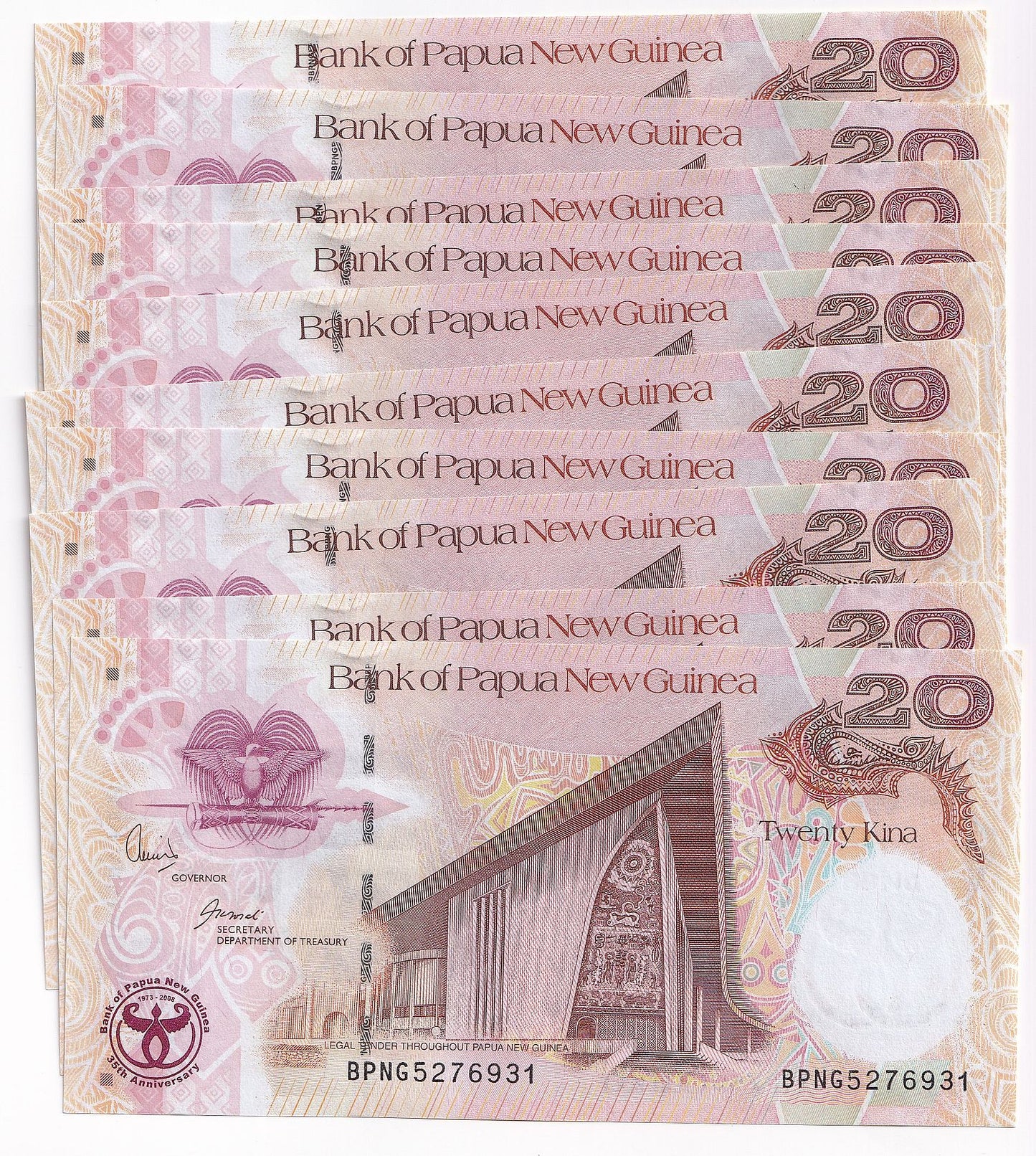 2008 Papua New Guinea 20 Kina P36a-UNC x 10 Pieces