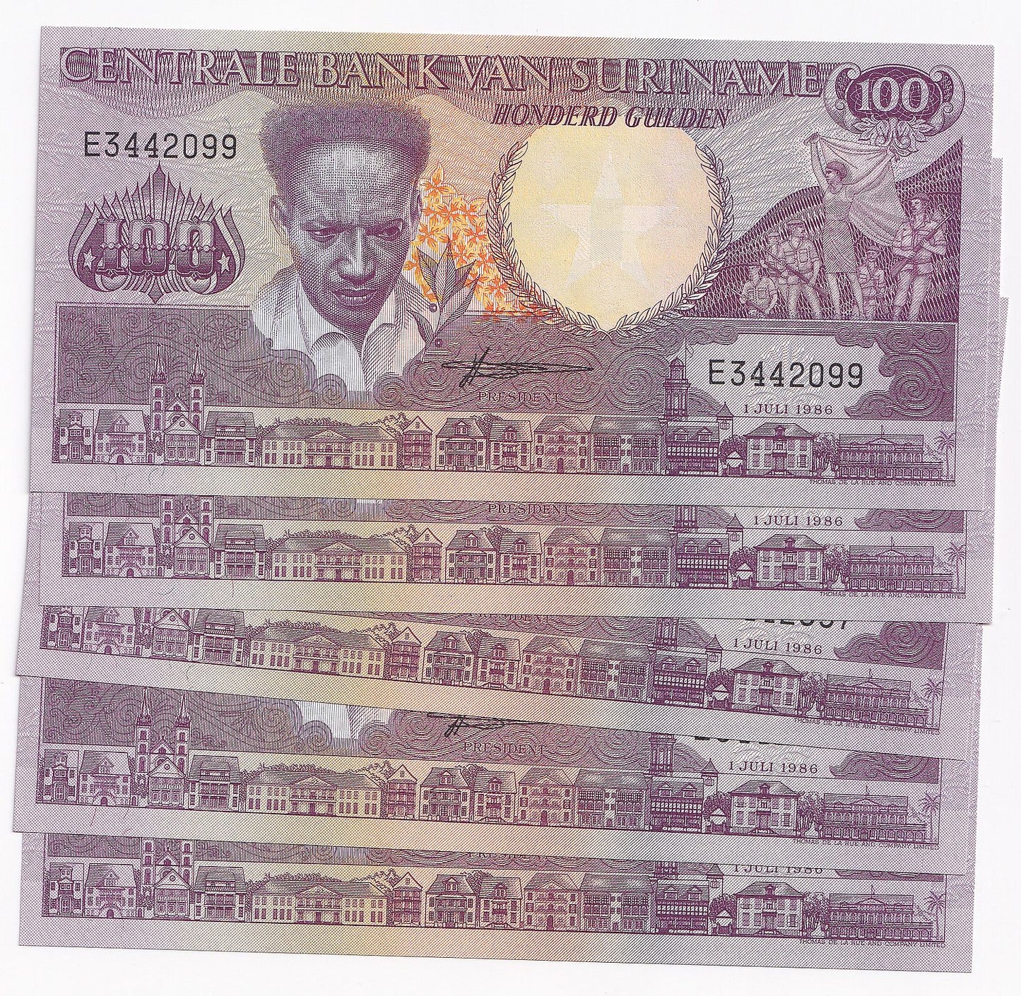 1986 Suriname 100 Gulden Note P13A x 5