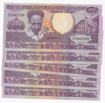 1986 Suriname 100 Gulden Note P13A x 5
