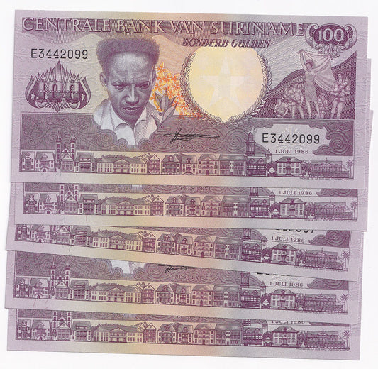 1986 Suriname 100 Gulden Note P13A x 5
