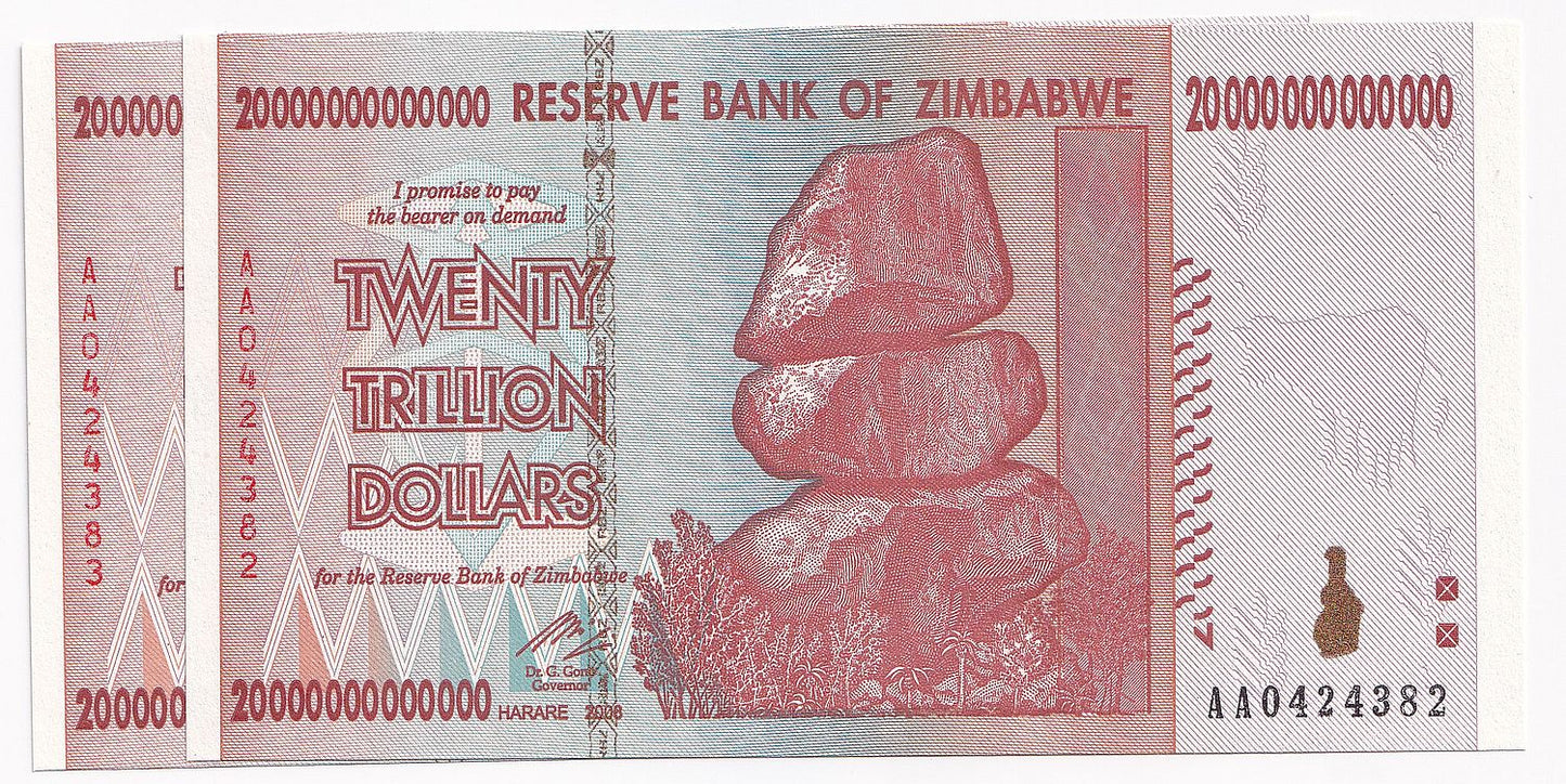 2008 Zimbabwe 20 Trillion Dollars Note P89-UNC x 2