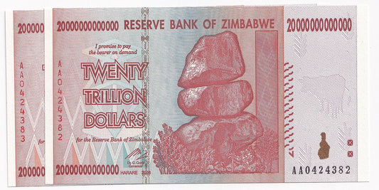 2008 Zimbabwe 20 Trillion Dollars Note P89-UNC x 2