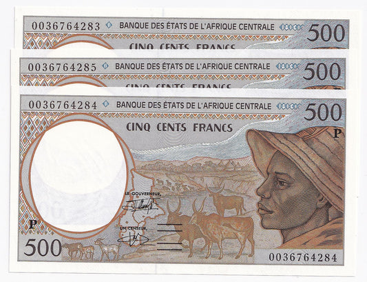 2000 Central Africa States 500 Chad Francs Note P606C-UNC x 3