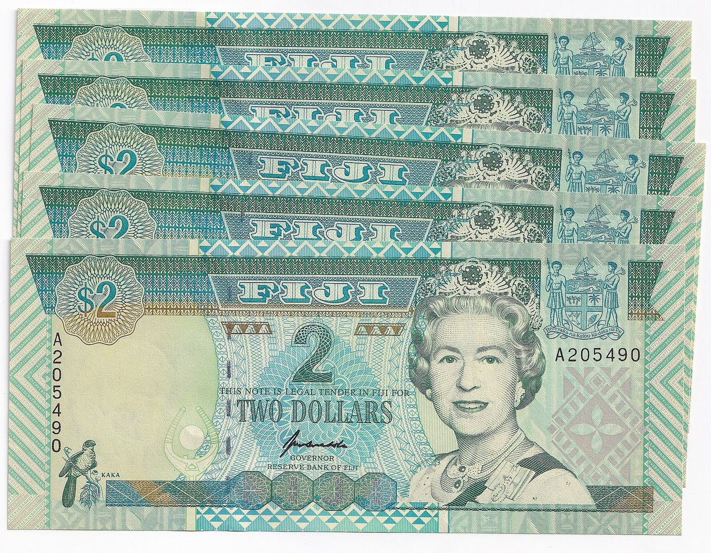 1996 Fiji $2 P96A-UNC x 5 Pieces