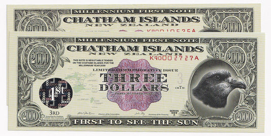 2000 Chatham Islands $3 Fantasy Note-UNC x 2