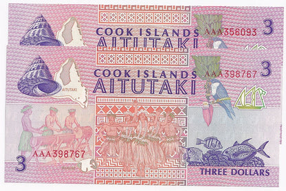 1992 Cook Islands $3 Note P7A-UNC X 2