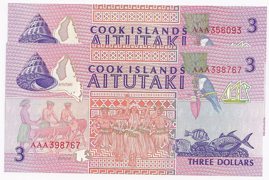 1992 Cook Islands $3 Note P7A-UNC X 2