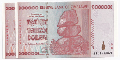 2008 Zimbabwe 20 Trillion Dollars Note P89-UNC x 2