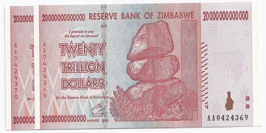 2008 Zimbabwe 20 Trillion Dollars Note P89-UNC x 2