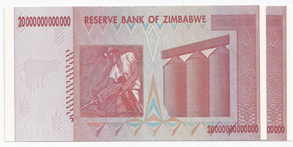 2008 Zimbabwe 20 Trillion Dollars Note P89-UNC x 2