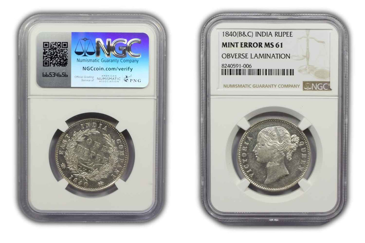 1840 India (C or B) Silver Rupee Coin NGC MS 61 MINT ERROR OBVERSE LAMINATION