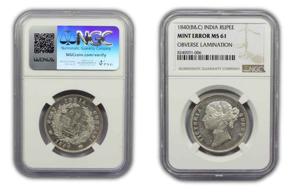 1840 India (C or B) Silver Rupee Coin NGC MS 61 MINT ERROR OBVERSE LAMINATION