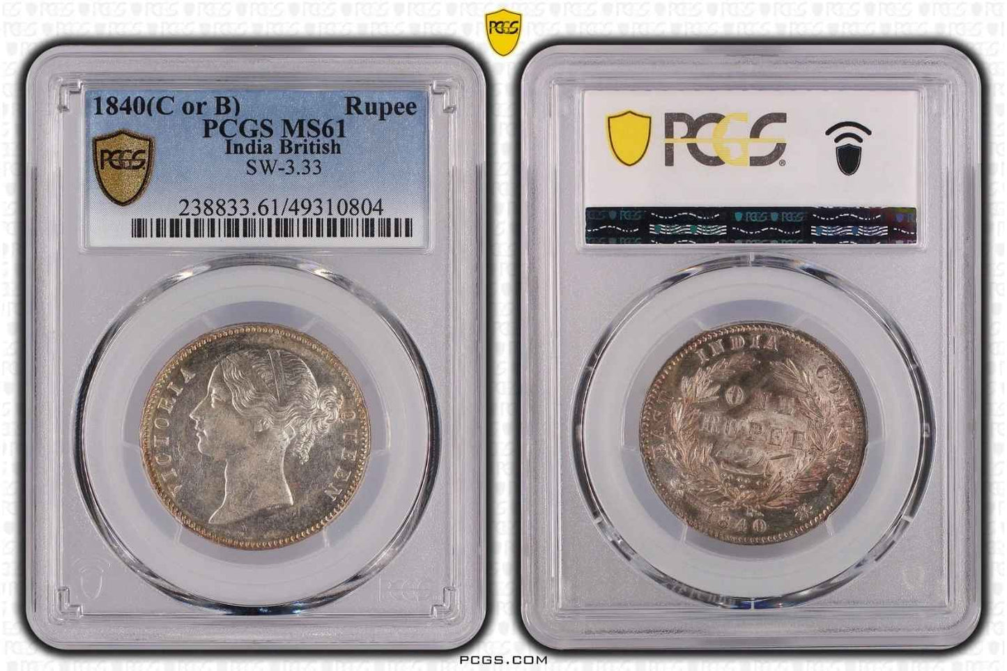 1840 India (C or B) Silver Rupee Coin PCGS MS 61