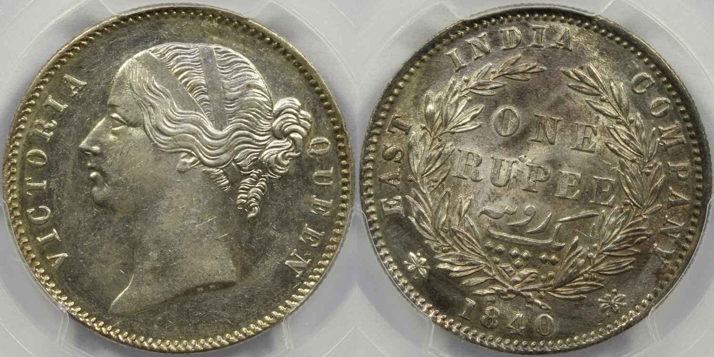 1840 India (C or B) Silver Rupee Coin PCGS MS 61