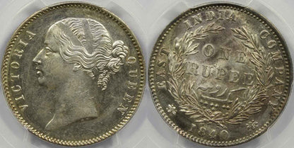 1840 India (C or B) Silver Rupee Coin PCGS MS 61