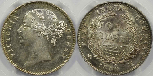 1840 India (C or B) Silver Rupee Coin PCGS MS 61