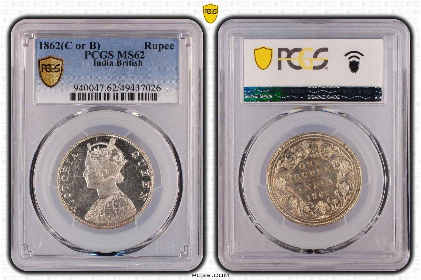 1862 C or B British India Rupee Coin PCGS MS62