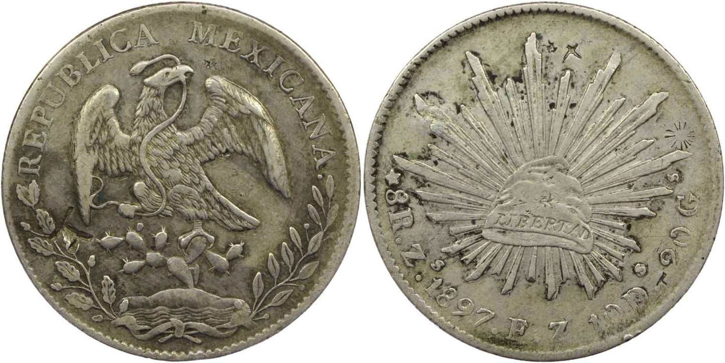 Mexico 1897 Silver Cap & Rays 8 Reales Coin Zacatecas Mint Chop Marks