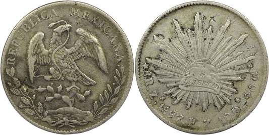 Mexico 1897 Silver Cap & Rays 8 Reales Coin Zacatecas Mint Chop Marks