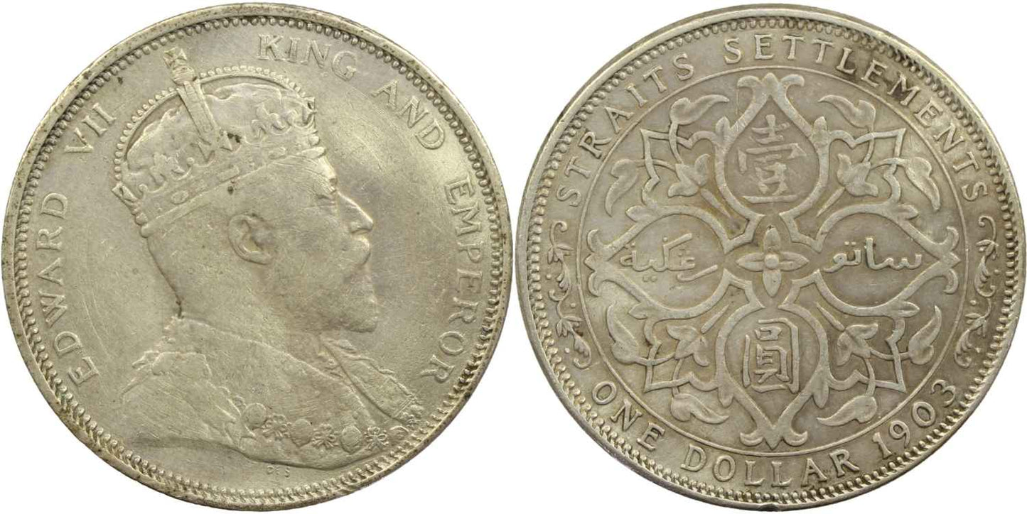 1903 B Straits Settlements Silver Dollar Large Type Coin gVF Details