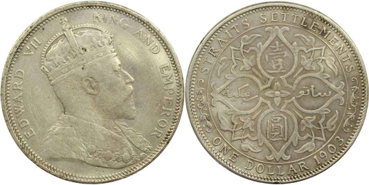1903 B Straits Settlements Silver Dollar Large Type Coin gVF Details