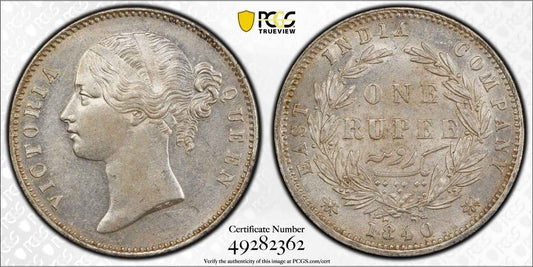 1840 India (C or B) Silver Rupee Coin PCGS AU 55