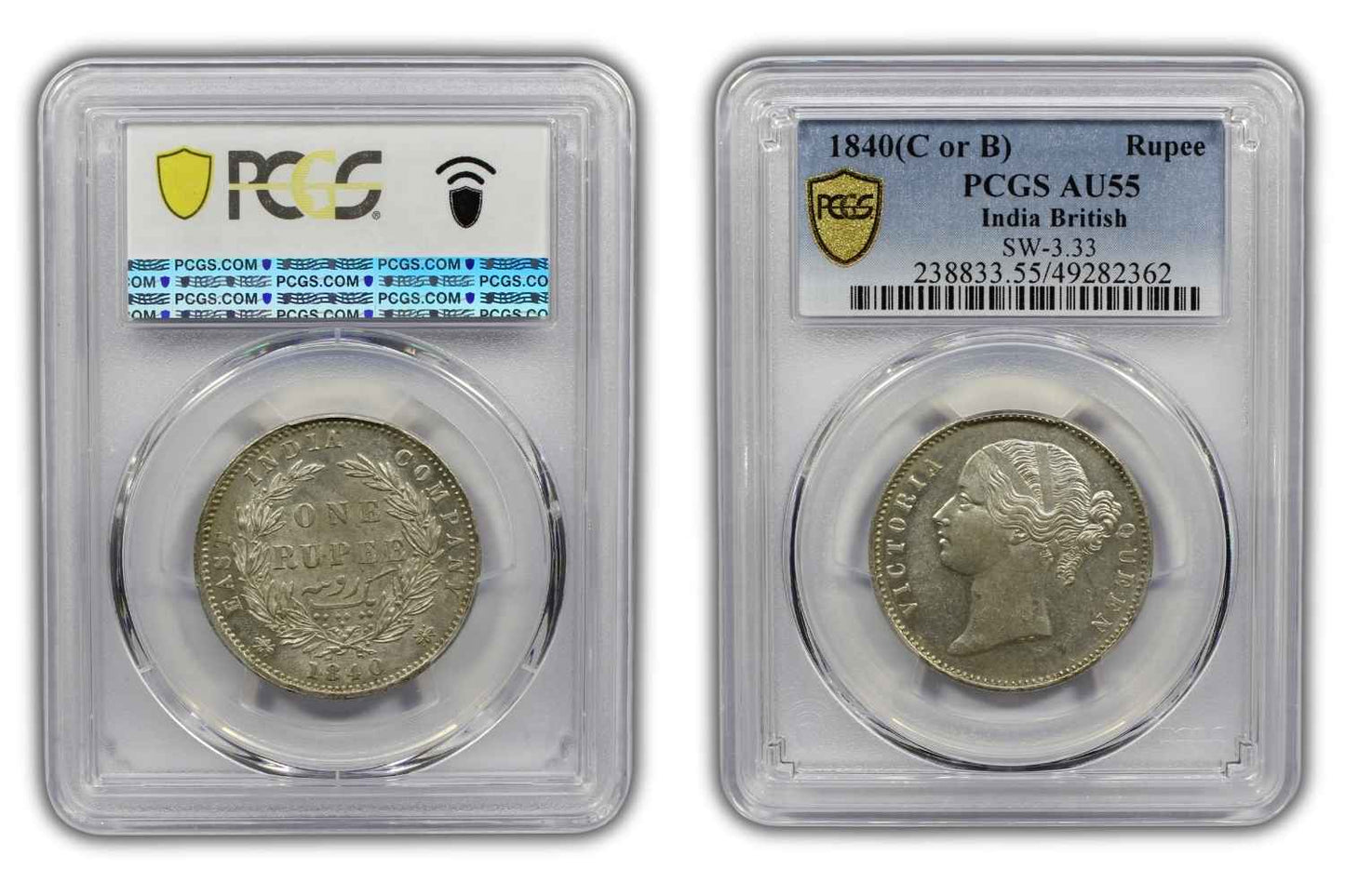1840 India (C or B) Silver Rupee Coin PCGS AU 55