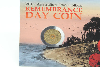 2015 Australia $2 Flanders Field Remembrance Day Coloured Coin On Card