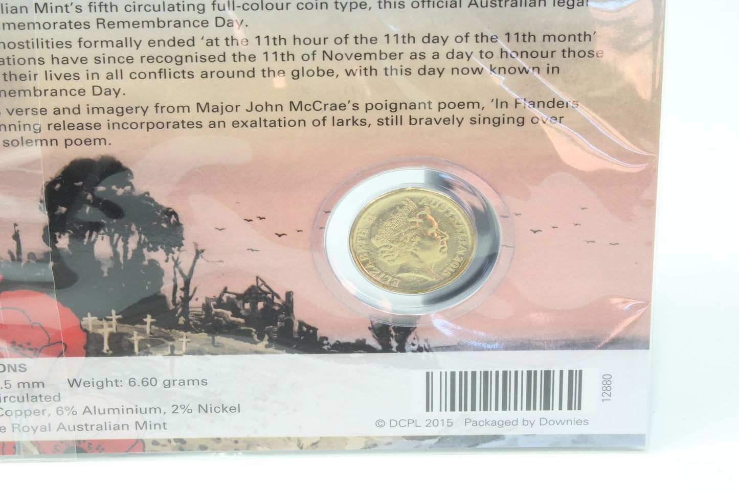 2015 Australia $2 Flanders Field Remembrance Day Coloured Coin On Card