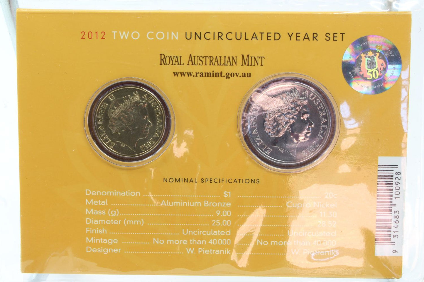 2012 Australian Wheat Fields of Gold Two Coin UNC $1 & 20c Year Set