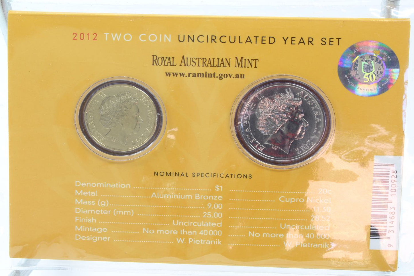2012 Australian Wheat Fields of Gold Two Coin UNC $1 & 20c Year Set