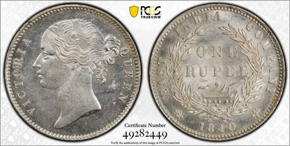 1840 India (C or B) Silver Rupee Coin PCGS MS 63
