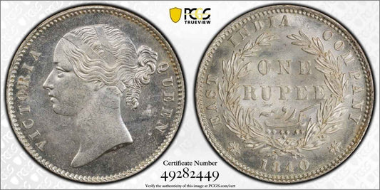 1840 India (C or B) Silver Rupee Coin PCGS MS 63