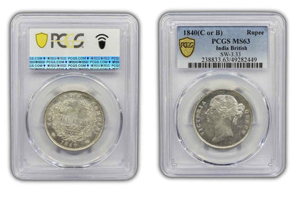 1840 India (C or B) Silver Rupee Coin PCGS MS 63