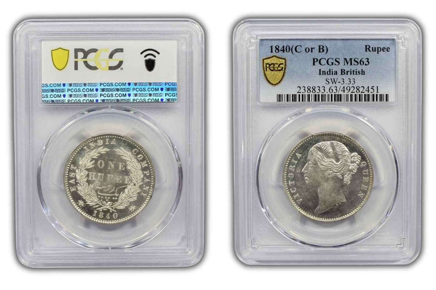 1840 India (C or B) Silver Rupee Coin PCGS MS 63