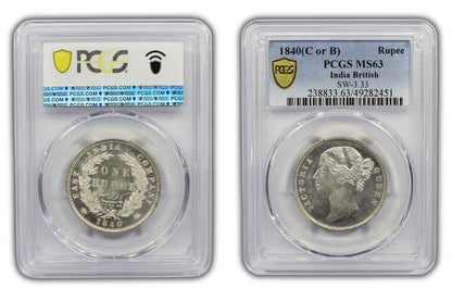 1840 India (C or B) Silver Rupee Coin PCGS MS 63