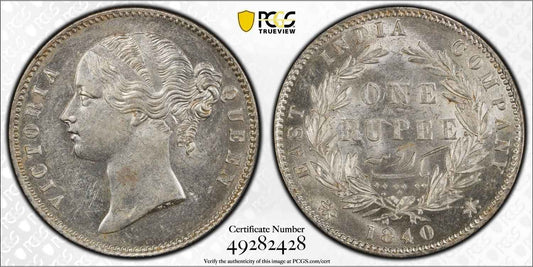 1840 India (C or B) Silver Rupee Coin PCGS AU 58