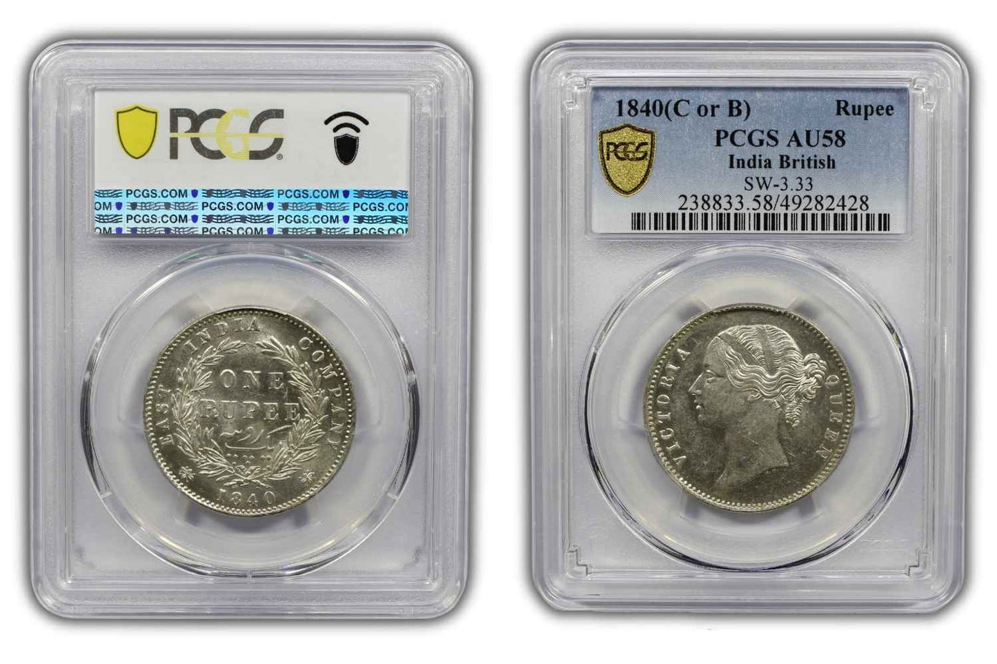1840 India (C or B) Silver Rupee Coin PCGS AU 58