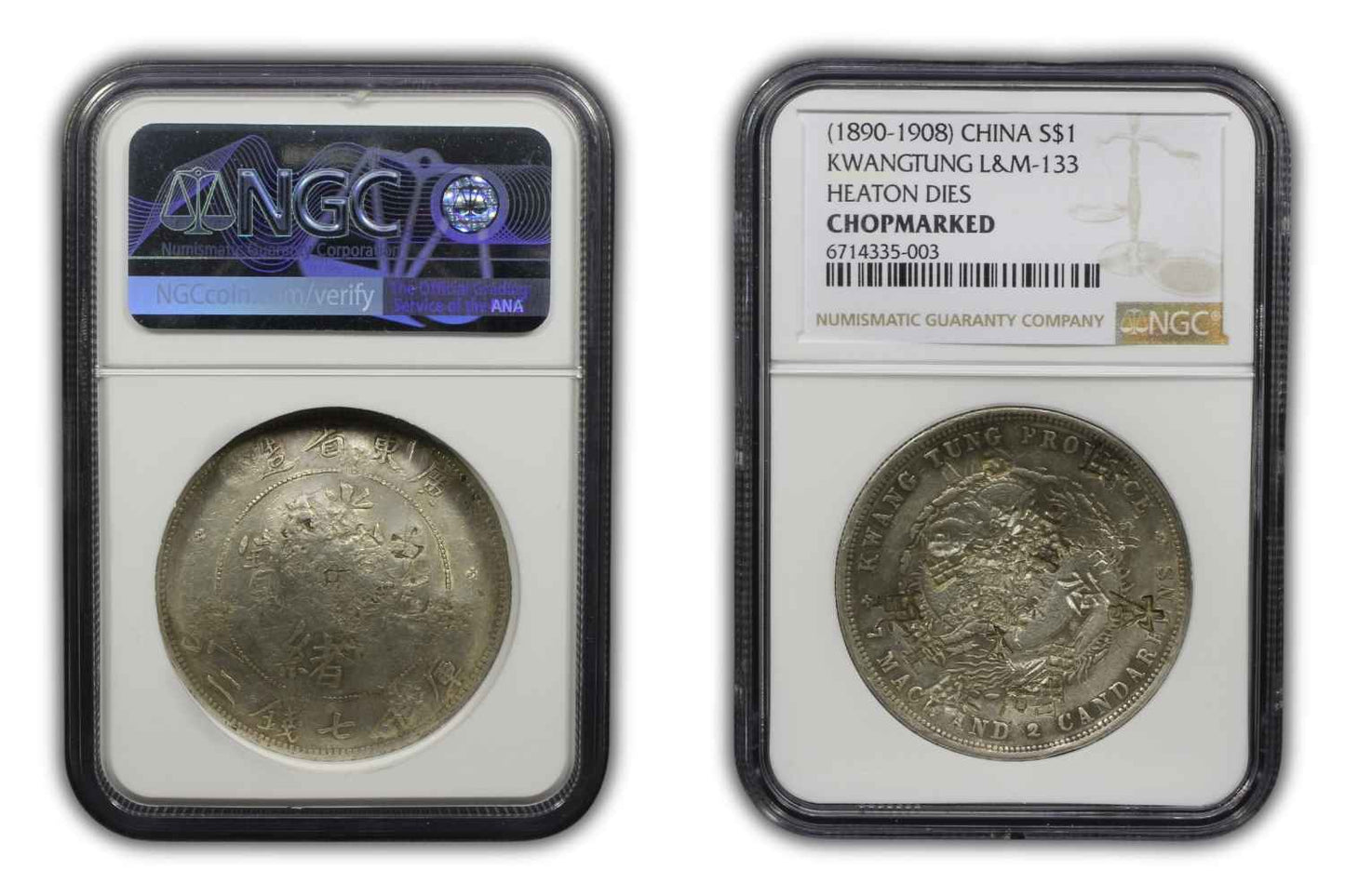 1890 - 1908 China Silver Dragon $1 Coin Kwangtung Heaton Dies NGC CHOPMARKED