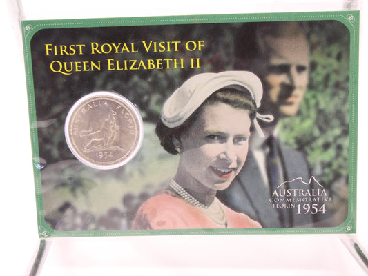 1954 Australia First Royal Visit Elizabeth II Commemorative Florin UNC On Card