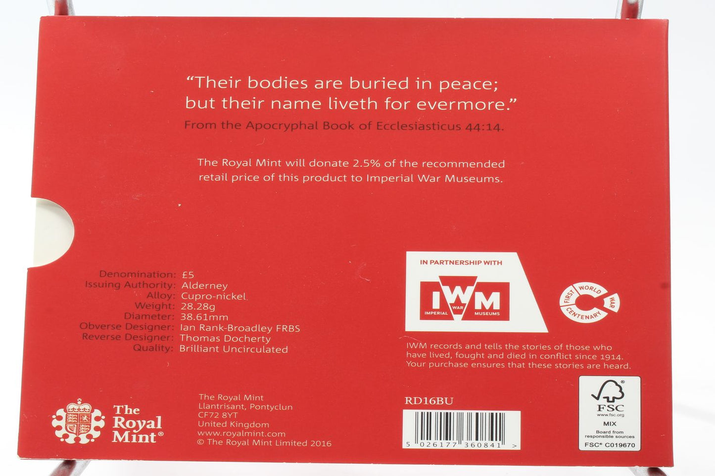 2016 United Kingdom 5 Pounds Remembrance Day Coin On Card