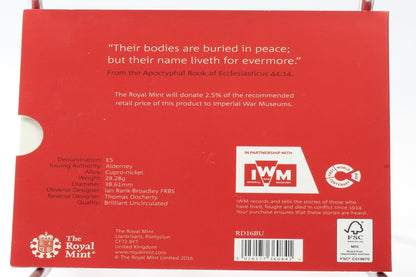 2016 United Kingdom 5 Pounds Remembrance Day Coin On Card