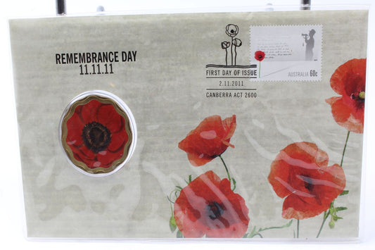 2011 Australia $5 Remembrance Day 11.11.11 Red Poppy Coloured Coin PNC