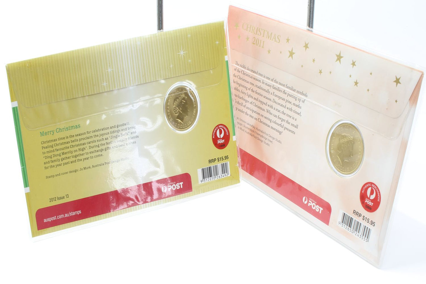 2011 & 2012 Australia Merry Christmas $1 Uncirculated Coloured Coin On Card
