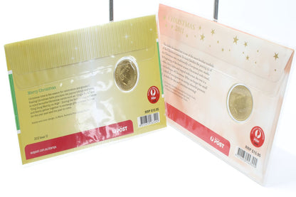 2011 & 2012 Australia Merry Christmas $1 Uncirculated Coloured Coin On Card