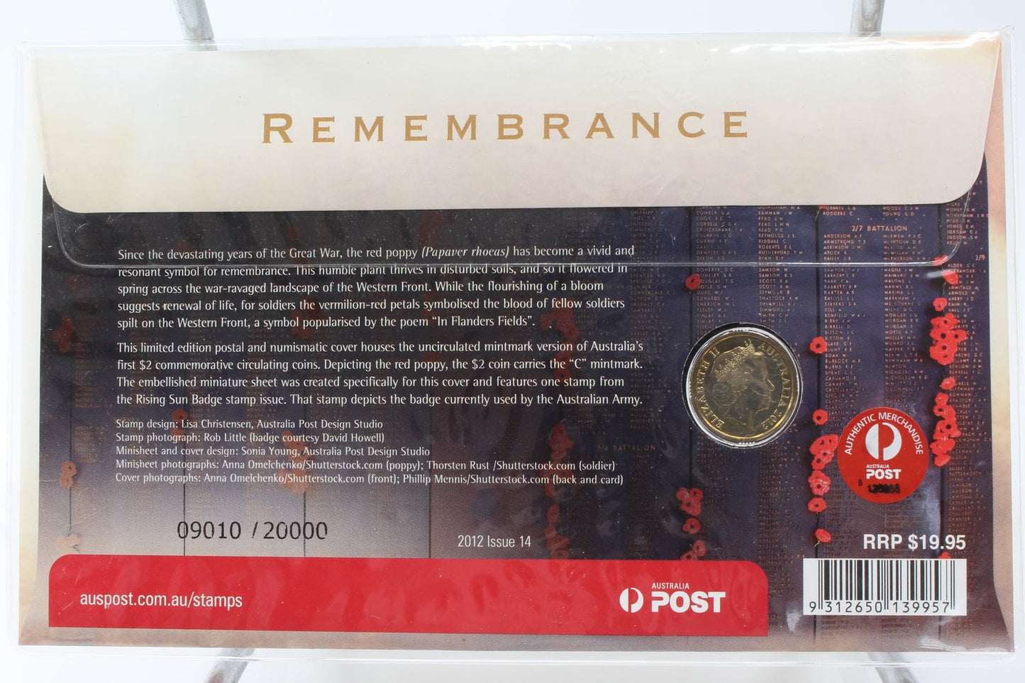 2012 Australia Remembrance Day $2 Red Poppy "C" Mint Mark UNC Coin On Card
