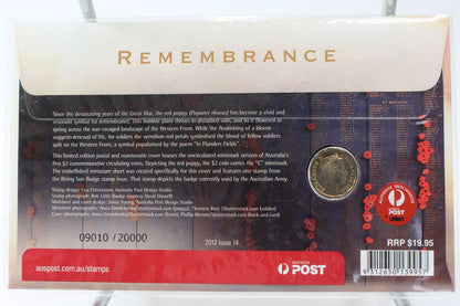 2012 Australia Remembrance Day $2 Red Poppy "C" Mint Mark UNC Coin On Card